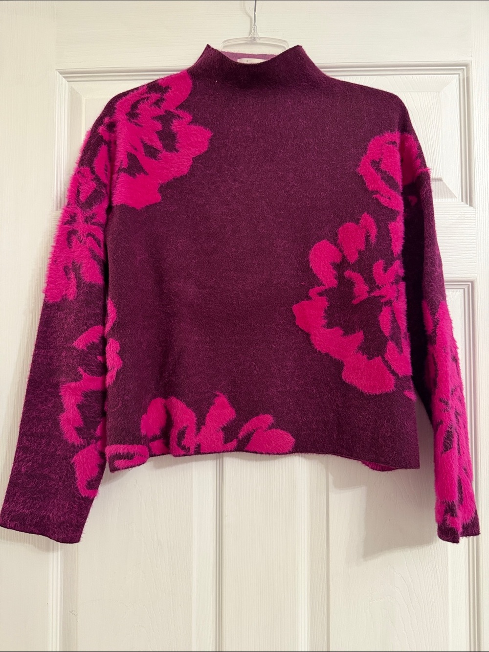 Anthropologie Deep Plum Sweater with Bright Pink Floral Motif